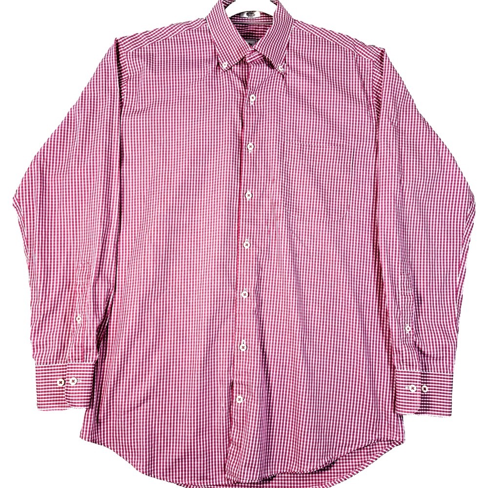 Peter Millar Men Shirt Seaside Finish M Red Pink Gingham Plaid Stretch Button